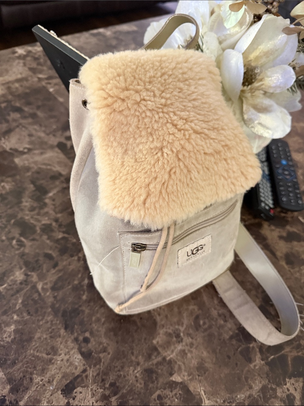 UGG Women's Sheepskin Flap Drawstring Backpack in Beige - Picture 3 of 5